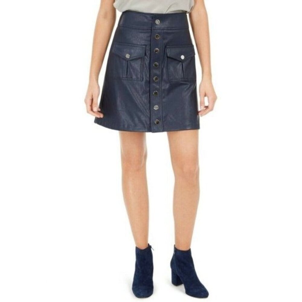INC Size 10 Faux Leather Mini Skirt Snap Front Navy A-Line Pockets